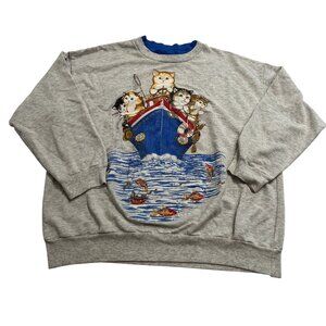 Basic Editions Vintage Kittens Fishing Crewneck in Grey Blue